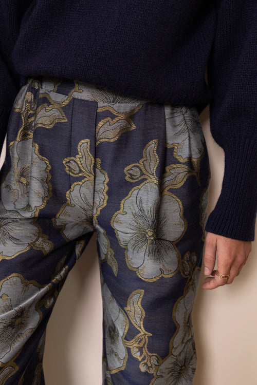 Pantalon Figari jacquard fleurs bleu