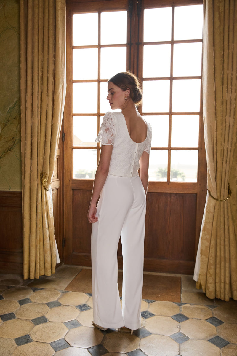Top Cache Cache Dentelle Blanc Cassé – Manches Papillon, Taille S (34/36)